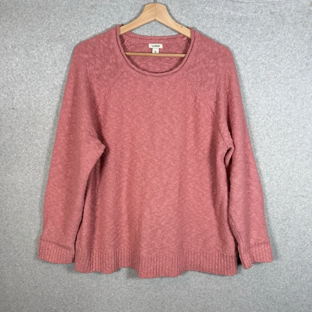 LL Bean Womens Pink XL‎ Cotton Textured Crewneck Raglan Sweater 506299